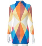 Autumn Multicolor Geommetric Long Sleeve Mini Bodycon Dress