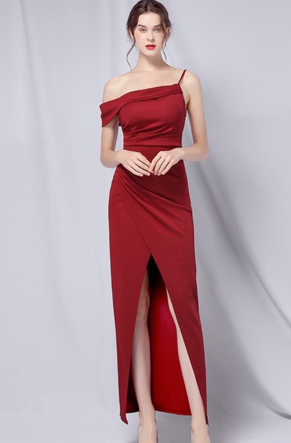 Summer Formal Red One Shoulder Strap Irregular Long Evening Dress