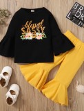 Baby Girl Autumn Print Black Shirt and Yellow Bell Pants Set