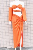 Autumn Sexy Bandeau Top and Irregular Long Skirt Set Orange
