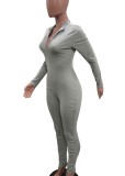 Autumn Sexy Zipped Front Stacked Bodycon Jumpsuit Grey