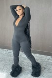 Autumn Sexy Zipped Front Stacked Bodycon Jumpsuit Black