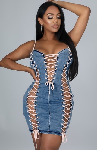 Sommer Sexy Lace-Up Blue Denim Strap Mini Bodycon Kleid