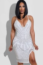 Summer White Beaded Slit Strap Bodycon Dress