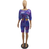 Plus Size Tie Dye Two Piece Knot Shirt and Short Set