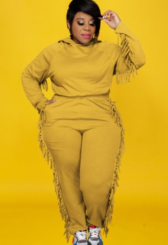 Autumn Plus Size Yellow Tassels Hoody Top and Pants Sweatsuit