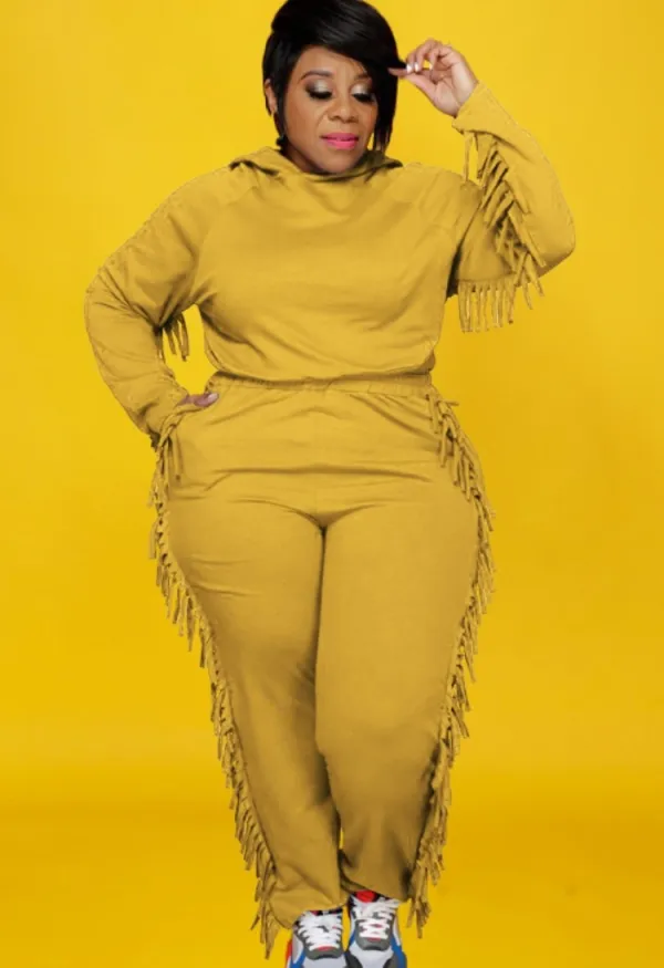Autumn Plus Size Yellow Tassels Hoody Top and Pants Sweatsuit