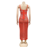 Summer Party Sexy Red Beaded Push Up Strap Midi Dress