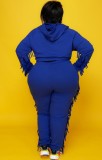 Autumn Plus Size Blue Tassels Hoody Top and Pants Sweatsuit