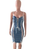 Summer Sexy Lace-Up Blue Denim Strap Mini Bodycon Dress