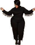 Autumn Plus Size Black Tassels Hoody Top and Pants Sweatsuit