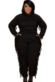 Autumn Plus Size Black Tassels Hoody Top and Pants Sweatsuit