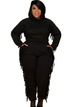 Autumn Plus Size Black Tassels Hoody Top and Pants Sweatsuit