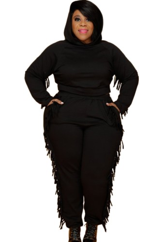 Autumn Plus Size Black Tassels Hoody Top and Pants Sweatsuit