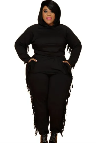 Autumn Plus Size Black Tassels Hoody Top and Pants Sweatsuit
