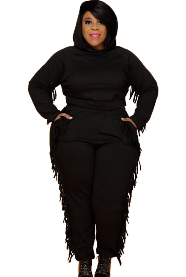 Autumn Plus Size Black Tassels Hoody Top and Pants Sweatsuit