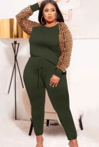 Autumn Plus Size Green Leopard Patch Shirt and Pants Casual Suit