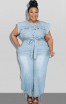 Летний джинсовый комбинезон больших размеров без рукавов с поясом