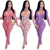 Autumn Party Sexy Front Zipper Print Butterfly Bodycon Jumpsuit