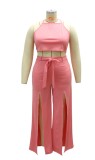 Summer Plus Size Pink Sleeveless Crop Top and Slit Pants Set
