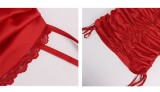 Summer Elegant Red Lace Patch Ruched Strings Strap Mini Dress