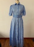 Autumn Formal Blue Stripes Elegant Long Dress with Belt