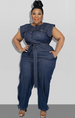 Zomer plus size mouwloze denim jumpsuit met riem