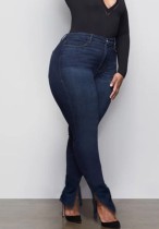 Herfst grote maat blauwe jeans met hoge taille en split