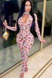 Autumn Party Sexy Front Zipper Print Butterfly Bodycon Jumpsuit
