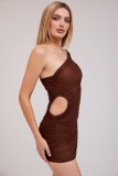 Summer Party Sexy Print Brown Cut Out One Shoulder Mini Dress