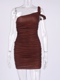 Summer Party Sexy Print Brown Cut Out One Shoulder Mini Dress