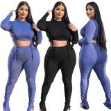 Autumn Casual Blue Ruched Strings Ribbed Crop Top and Pants Set