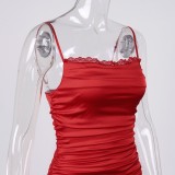 Summer Elegant Red Lace Patch Ruched Strings Strap Mini Dress