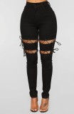 Autumn Black Denim Lace-Up High Waist Tight Jeans
