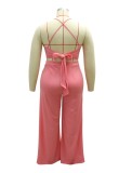 Summer Plus Size Pink Sleeveless Crop Top and Slit Pants Set