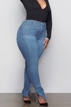 Herbst-Jeans in Übergröße in Blau mit hoher Taille und Schlitz