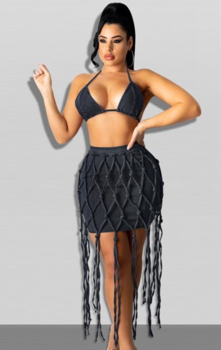 Summer Party Black Sexy Bra and Fringe Skirt Set