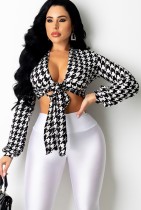Autumn Print White and Black Sexy Knotted Crop Top