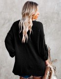 Autumn Black Knit V-Neck Loose Top