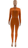 Autumn Casual Orange Tight Zipper Crop Top and Pants Set