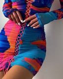 Autumn Blue Sexy Lace-Up Print Strap Mini Dress