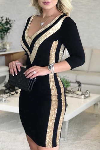 Autumn Gold and Black Sequin V-Neck Party Dress