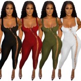 Summer Red Ribbed Sexy Lace Up Sleeveless Bodycon Jumpsuit