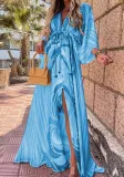 Autumn Print V-Neck Bat Sleeves Drawstrings Long Maxi Dress