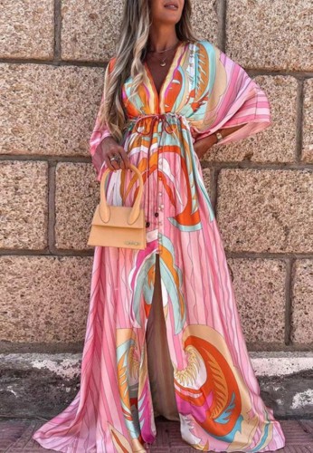 Autumn Print V-Neck Bat Sleeves Drawstrings Long Maxi Dress