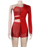Summer Red Beaded 3 Piece Party Top and Shorts Set