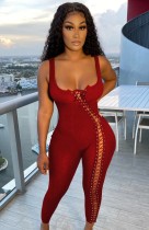 Sommer Rot Gerippter Sexy Lace Up Ärmelloser Bodycon Jumpsuit