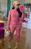 Autumn Casual Pink Crop Top and Sweatpants 2 Piece Tracksuit