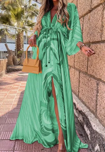 Autumn Print V-Neck Bat Sleeves Drawstrings Long Maxi Dress