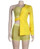 Summer Yellow Beaded 3 Piece Party Top and Shorts Set